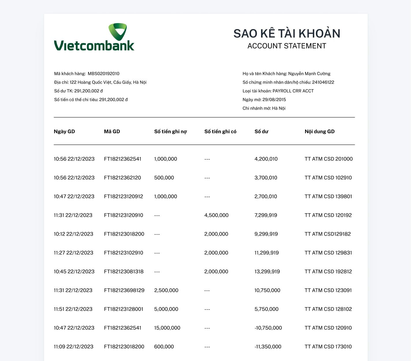Bản sao kê kể từ Vietcombank