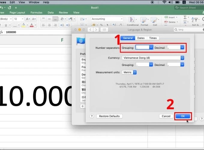 Cách chỉnh vệt chấm phẩy nhập excel bên trên Macbook