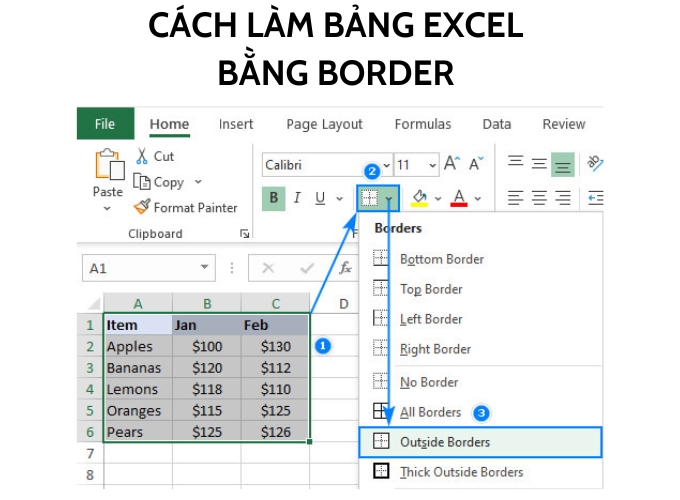Cách thực hiện bảng Excel vì thế Border