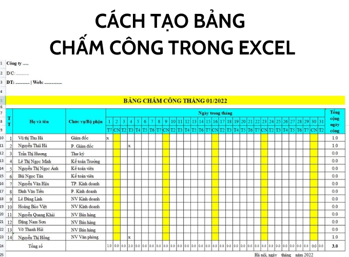 Cách tạo ra bảng chấm công vô excel