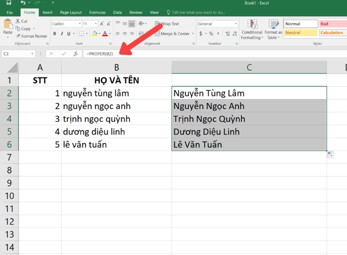 Dùng hàm PROPER để đổi chữ thường thành chữ hoa trong excel