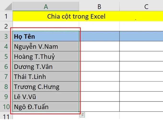 Bước 1 chia cột trong excel