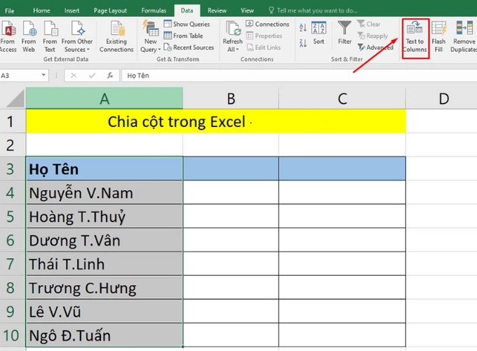 Bước 2 chia cột trong excel