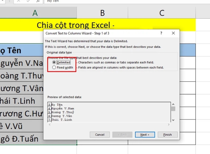 Bước 3 chia cột trong excel