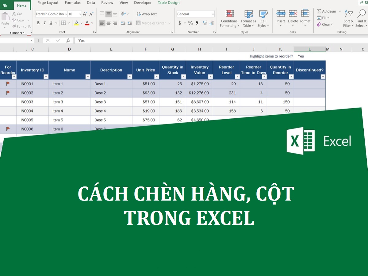 cách chèn trong excel