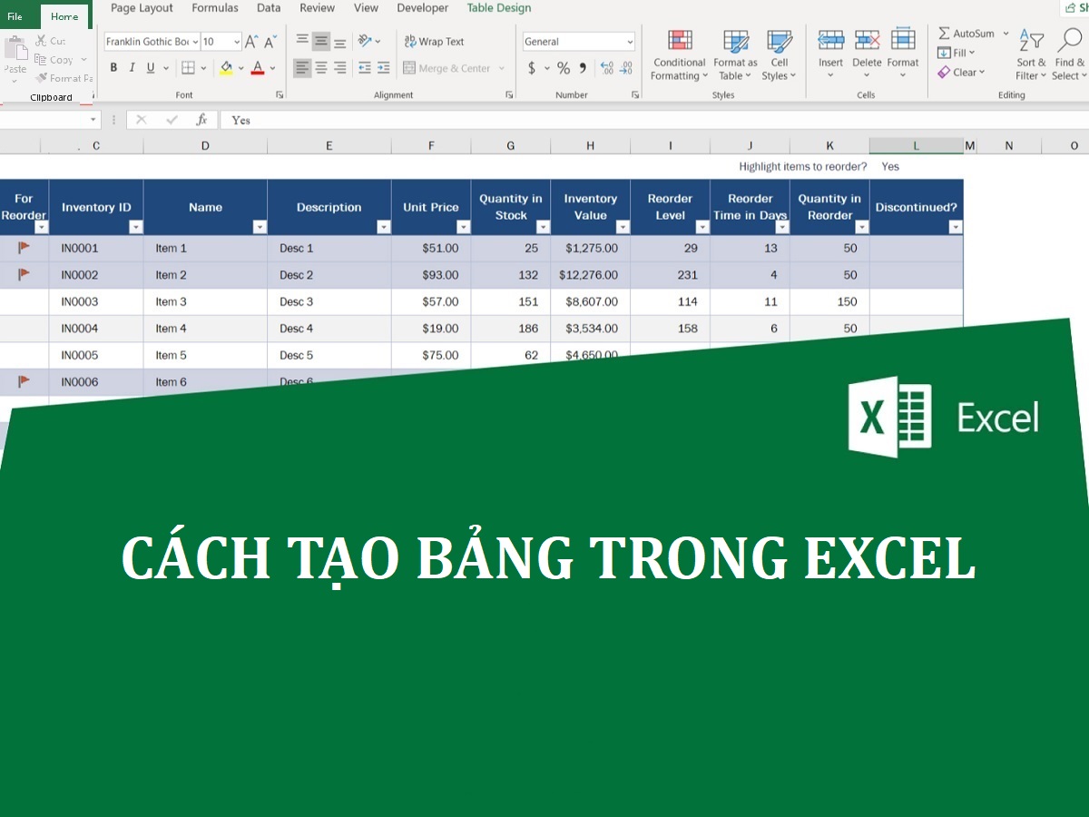 cách tạo bảng vô excel