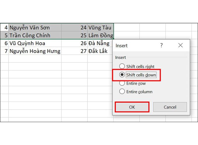 Cách thêm dòng trong Excel bằng Insert