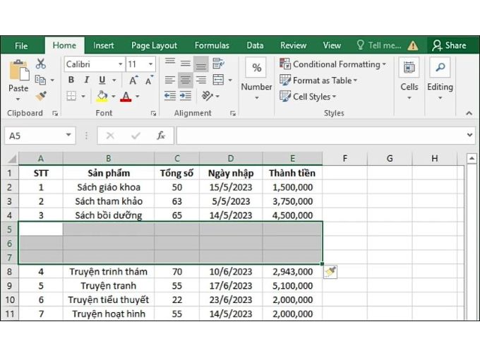 Cách thêm nhiều dòng trong Excel