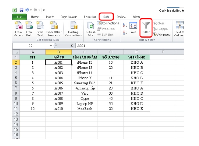 Tìm kiếm trong Excel bằng chức năng Filter