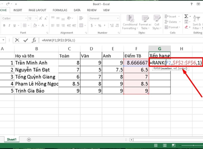 Xếp hạng trong Excel theo thứ tự từ thấp đến cao