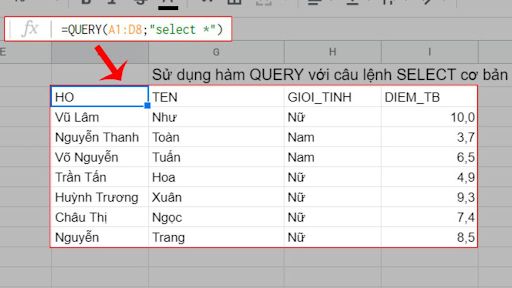 Cách kết hợp hàm QUERY với câu lệnh Select