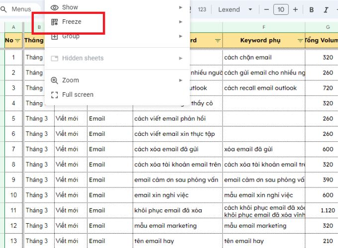 Sử dụng chức năng Freeze Panes