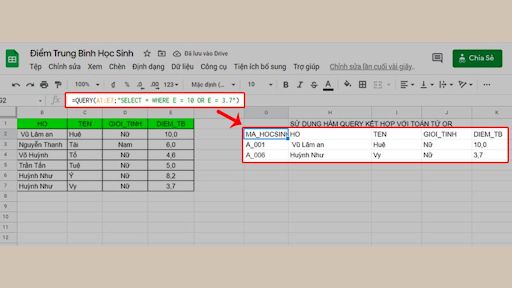 Kết hợp hàm QUERY với hàm OR trong Excel