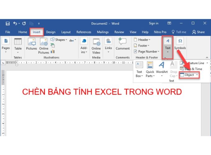 Chèn file Excel vào word bằng lệnh Insert