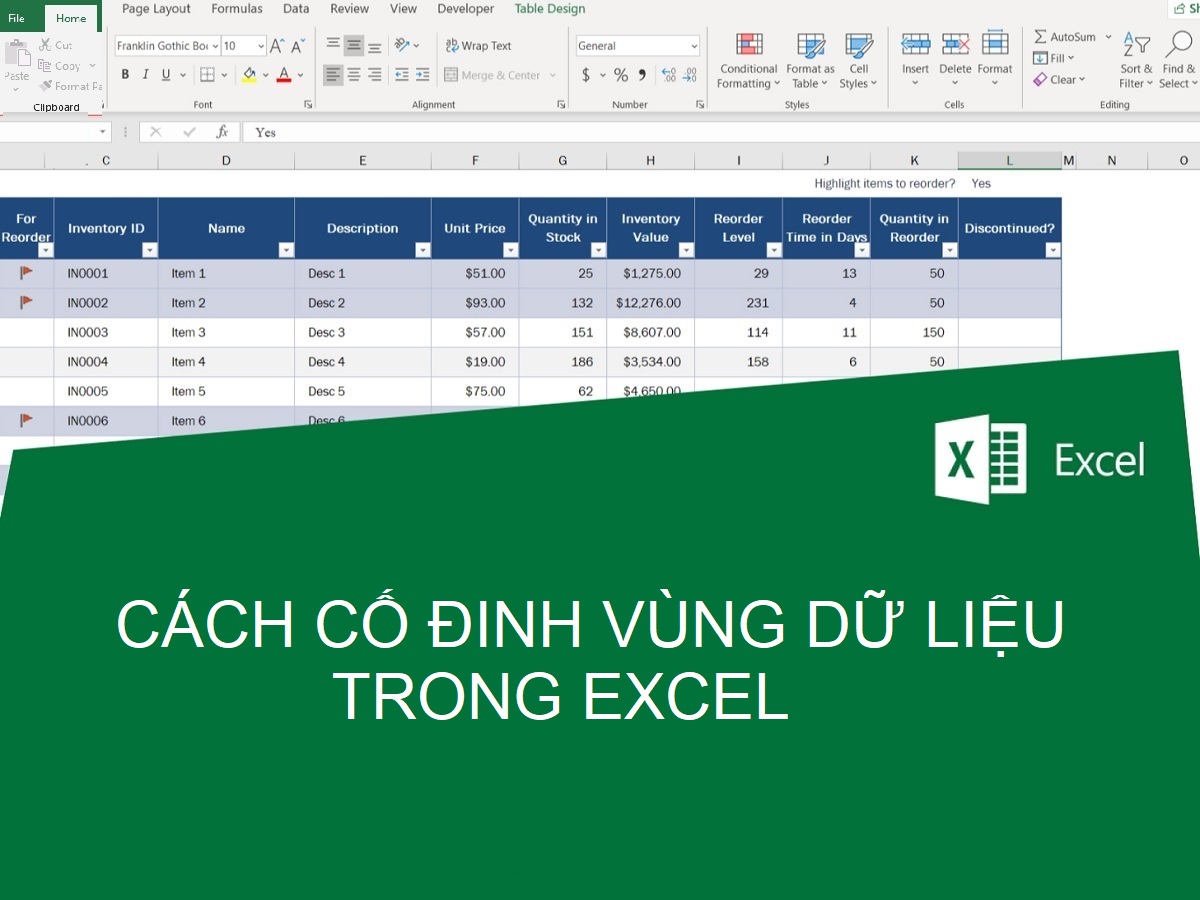 cố định vùng dữ liệu trong excel