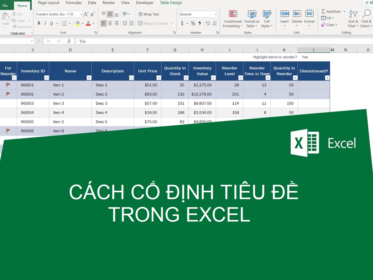 cố định tiêu đề trong excel