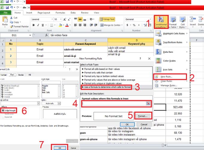 Cách gạch ngang chữ trong Excel bằng cách thiết lập điều kiện