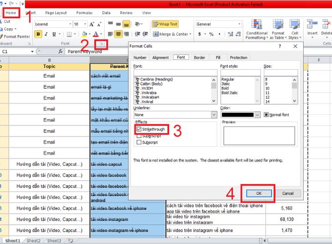 Cách gạch ngang chữ trong Excel bằng thủ công