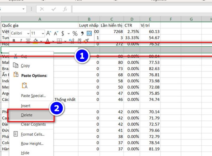 Cách xóa hàng trong Excel thủ công