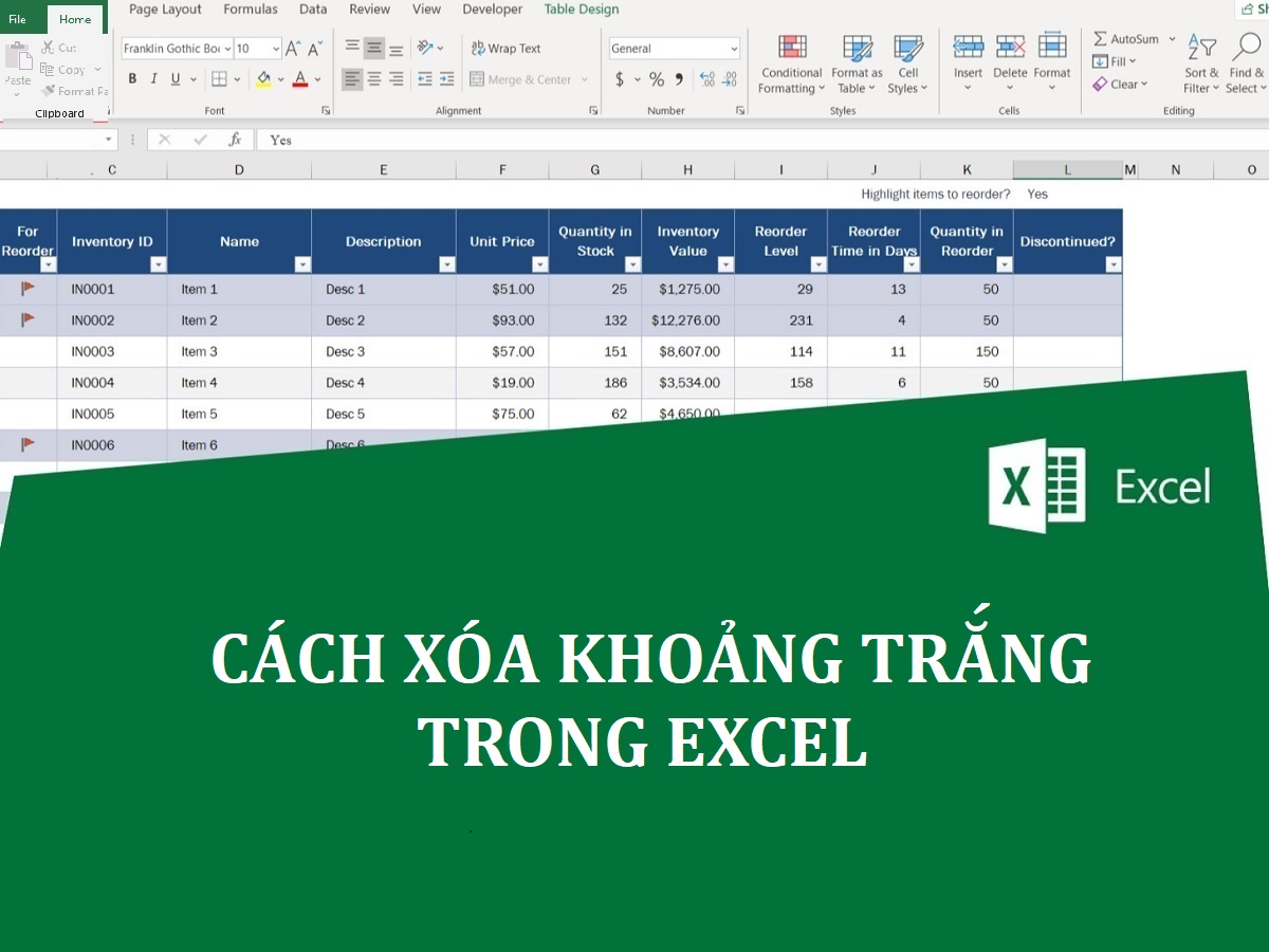 cách xóa khoảng trắng trong excel