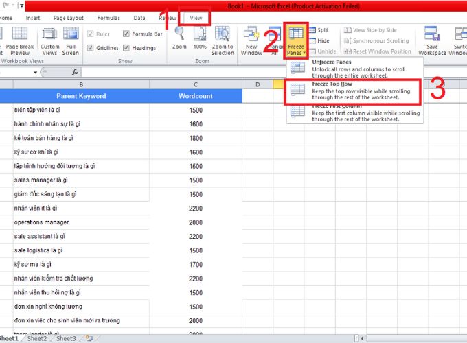 Cố định tiêu đề bằng tính năng Freeze Panes