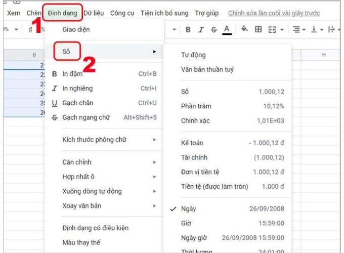 Định dạng ngày trong Google Sheet