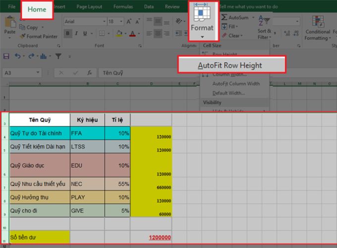  Tự động giãn dòng theo kích cỡ có sẵn của Excel
